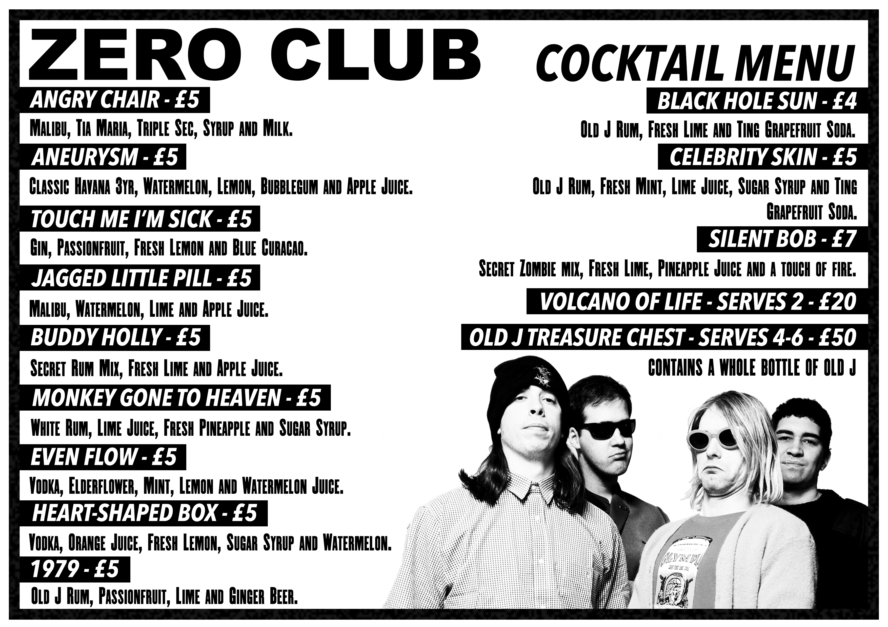 Zero Club Cocktail Menu at Zombie Shack - Red Cardinal Music