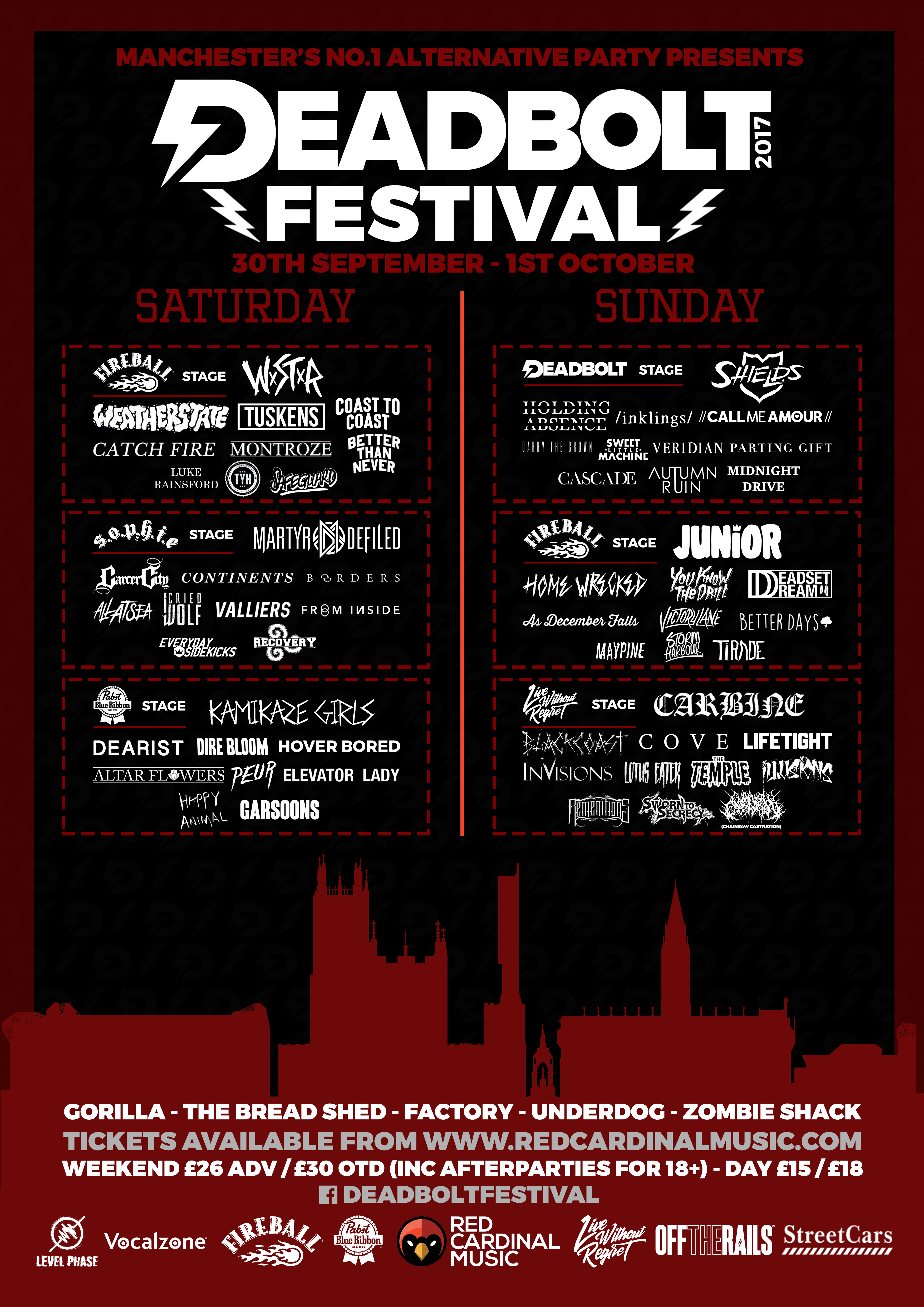 Deadbolt Festival 2017 Poster Stage Splits - Manchester - Red Cardinal Music