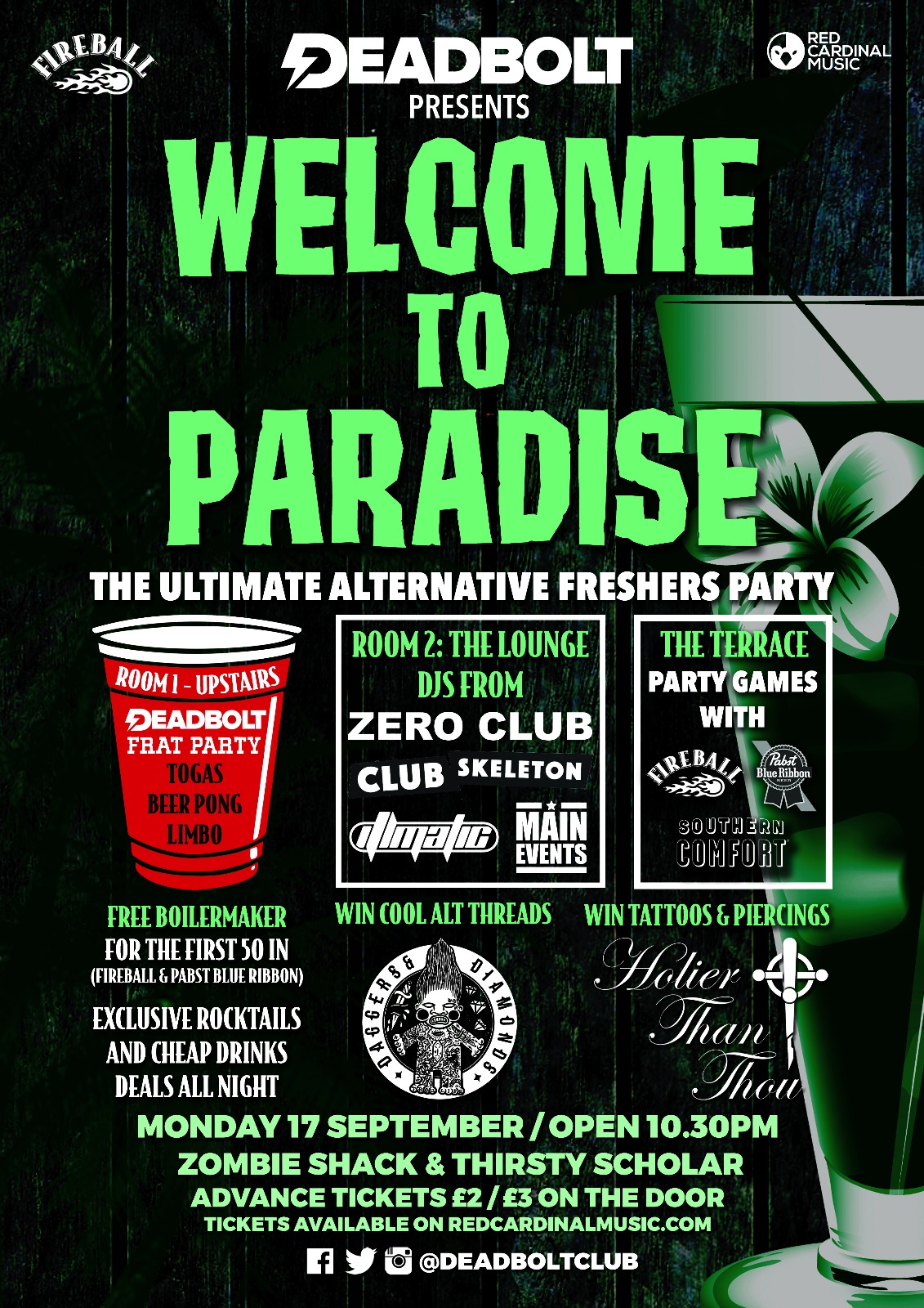 Welcome To Paradise - Alternative Freshers Manchester Poster - Red Cardinal Music - Metal, Rock, Pop Punk - Holier Than Thou Tattoos, Fireball, Pabst Blue Ribbon, Southern Comfort, Daggers and Diamonds