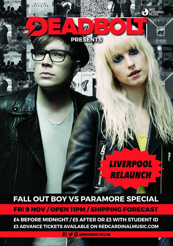 Deadbolt Fall Out Boy vs Paramore Poster - Shipping Forecast Liverpool - Red Cardinal Music