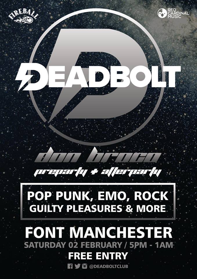 Deadbolt Font Takeover - Don Broco Party Poster - Feb 19 - Red Cardinal Music