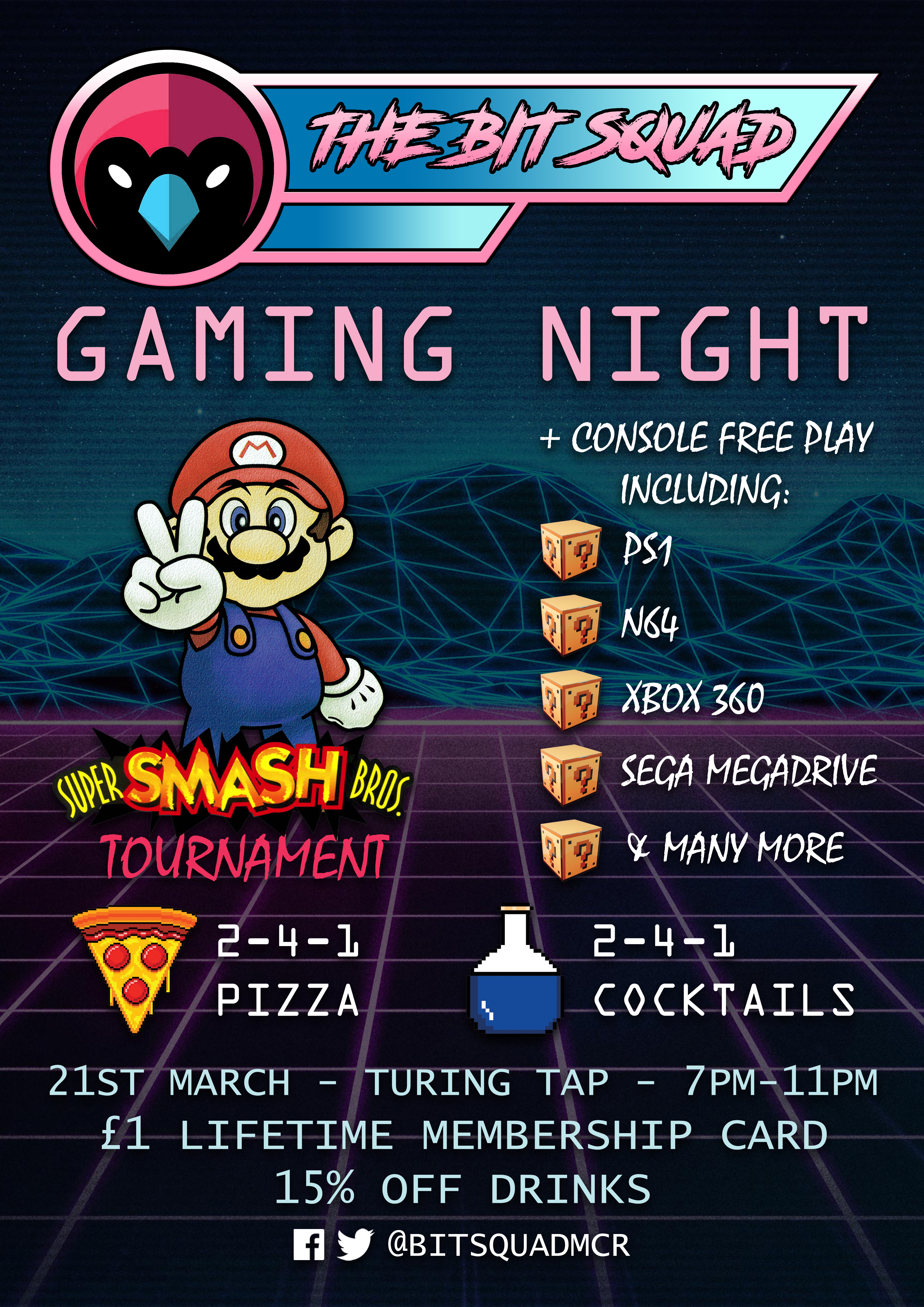 The Bit Squad Gaming Night- Launch Poster - 21st March - Red Cardinal Music