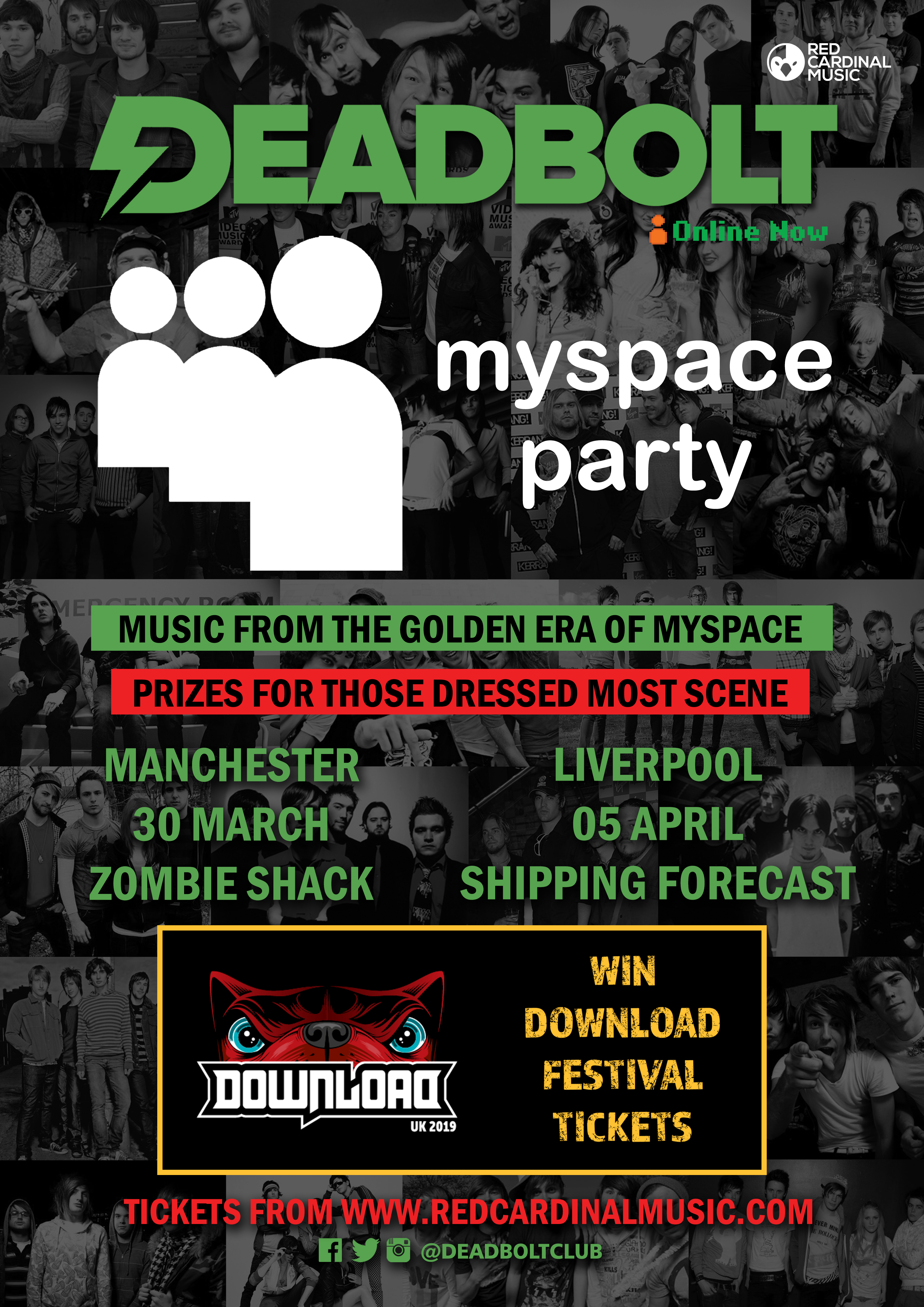 Deadbolt Myspace Party 2019 Manchester & Liverpool Poster - Red Cardinal Music