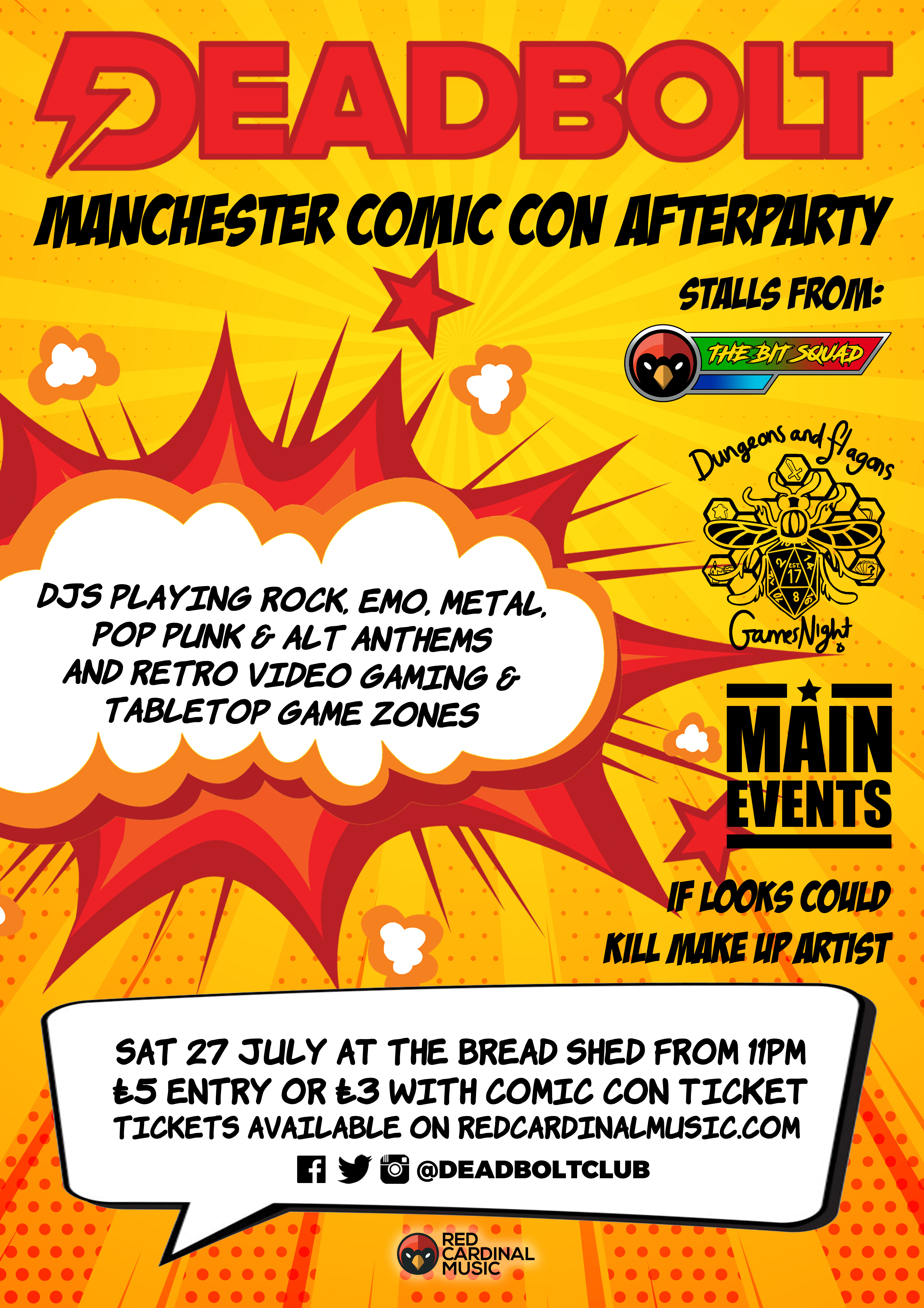 Deadbolt Manchester Comic Con Afterparty 2019 Poster - The Bread Shed - Red Cardinal Music