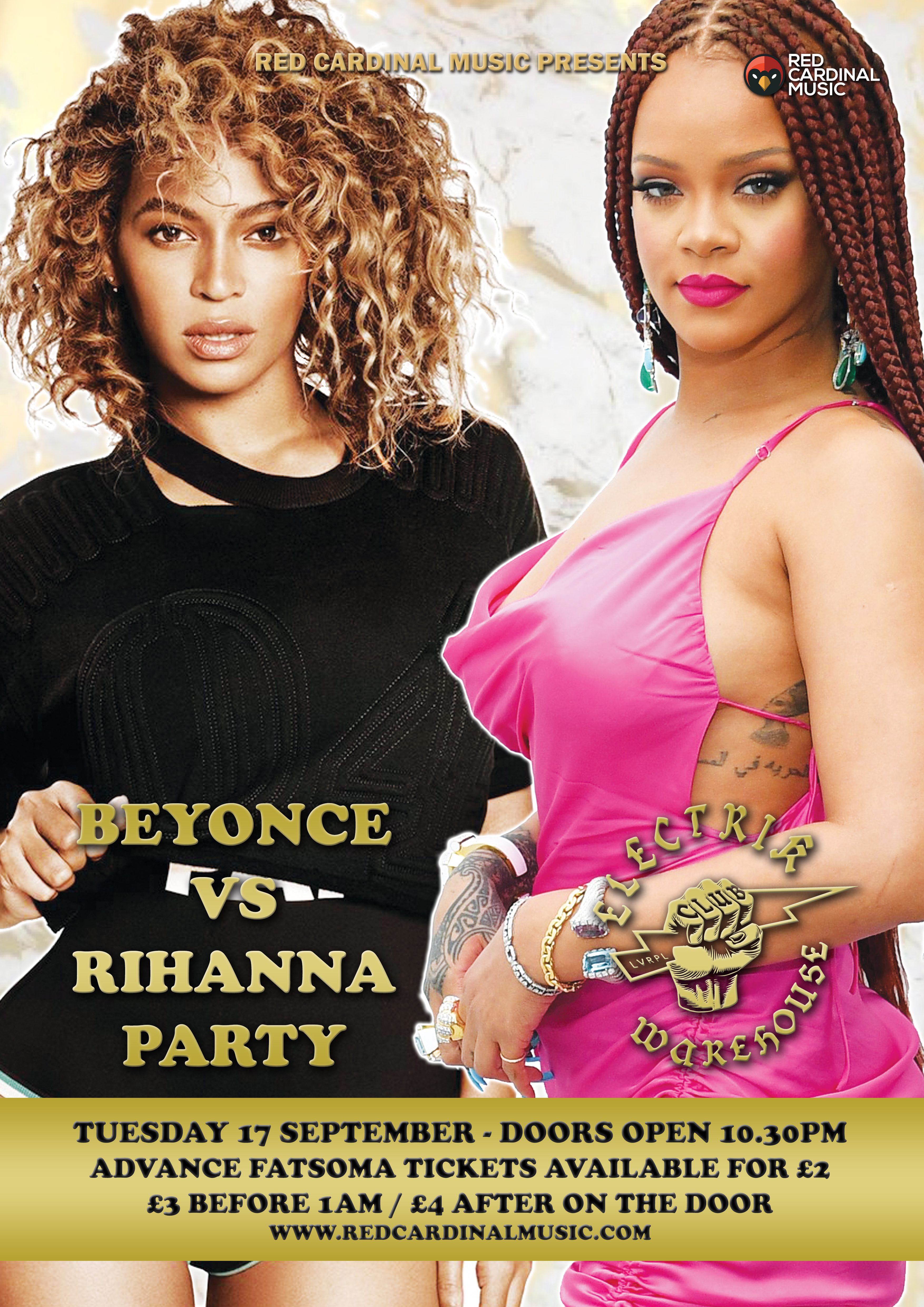 Beyonce vs Rihanna Party - Electrik Warehouse Liverpool - Red Cardinal Music - Poster