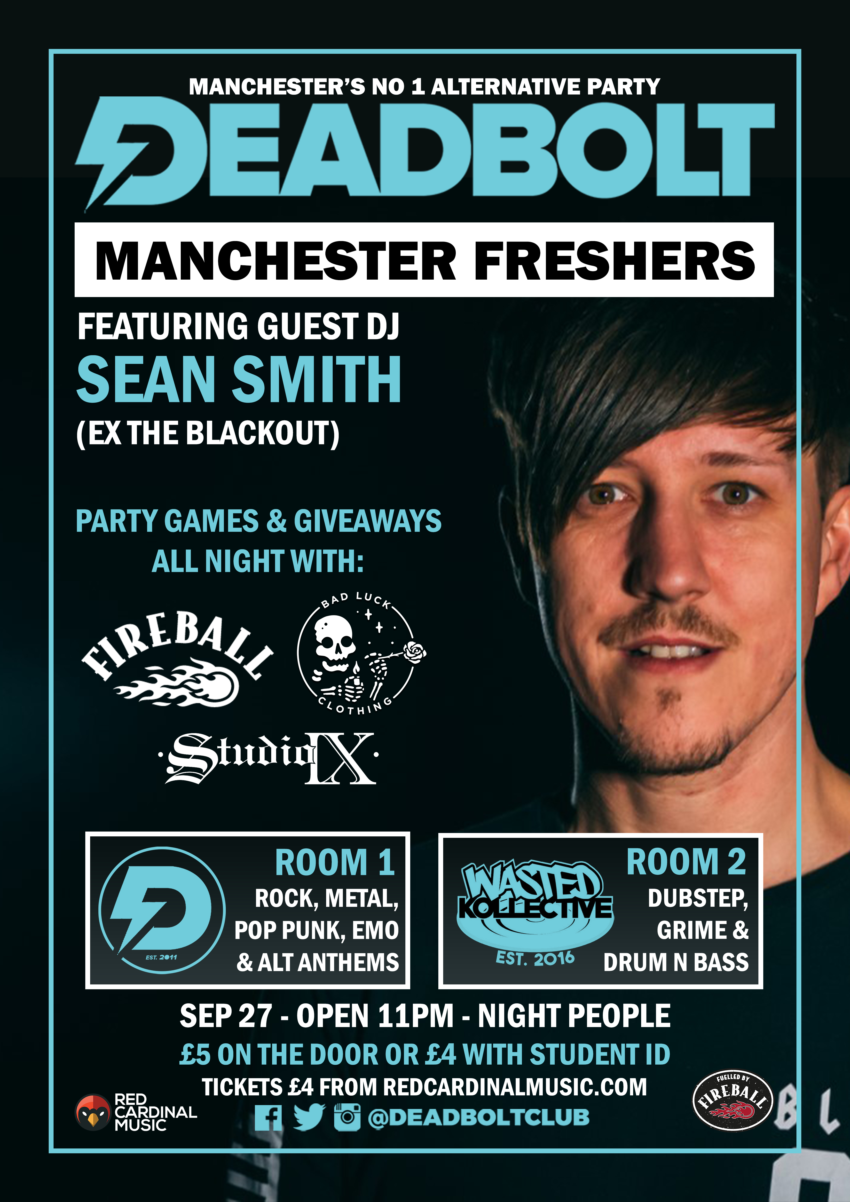 Deadbolt Manchester Alternative Freshers 2019 with Sean Smith & Wasted Kollective - Poster - Red Cardinal Music