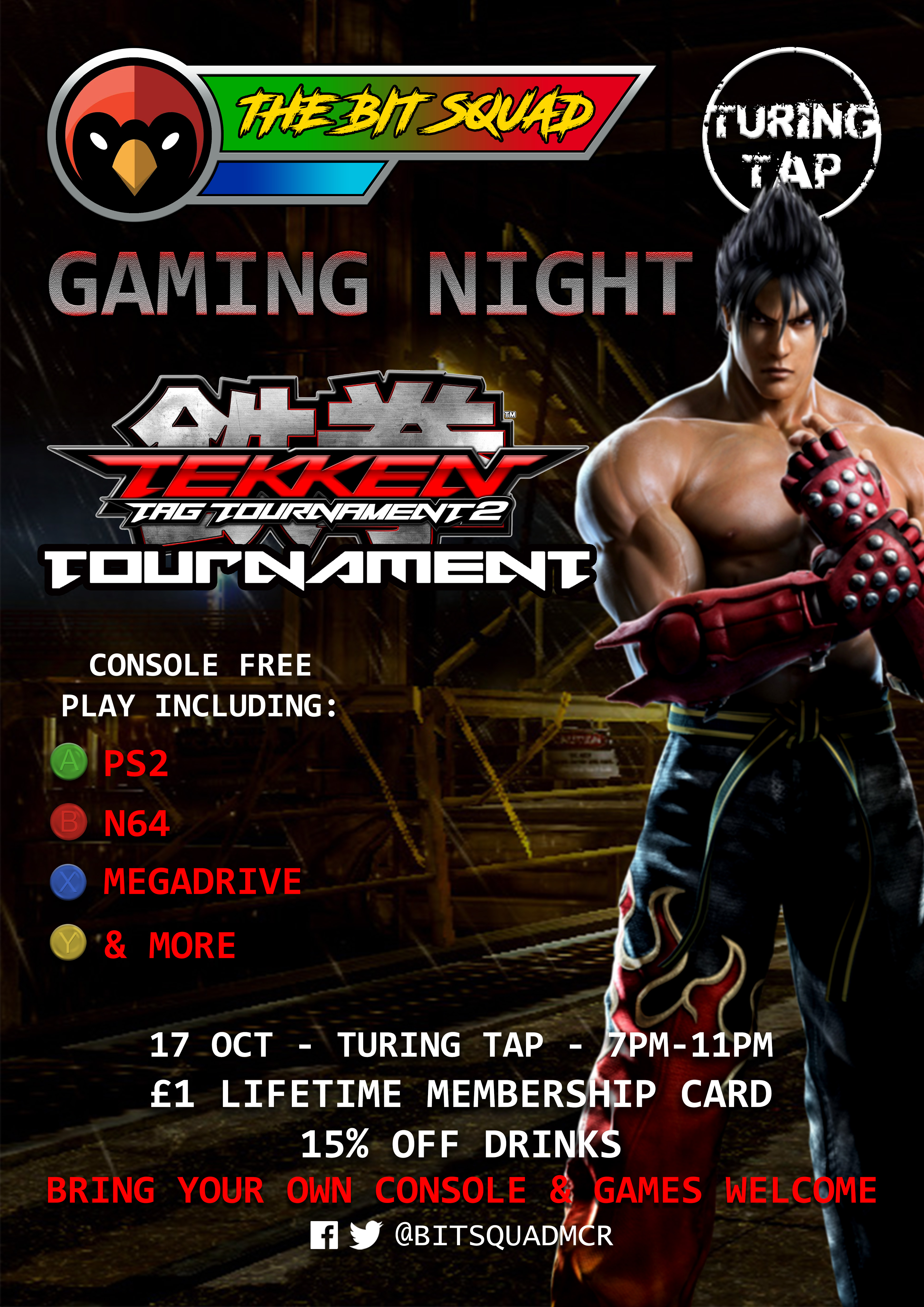 The Bit Squad Gaming Night - Turing Tap - 17 Oct 19 - Tekken Tag - Poster - Red Cardinal Music