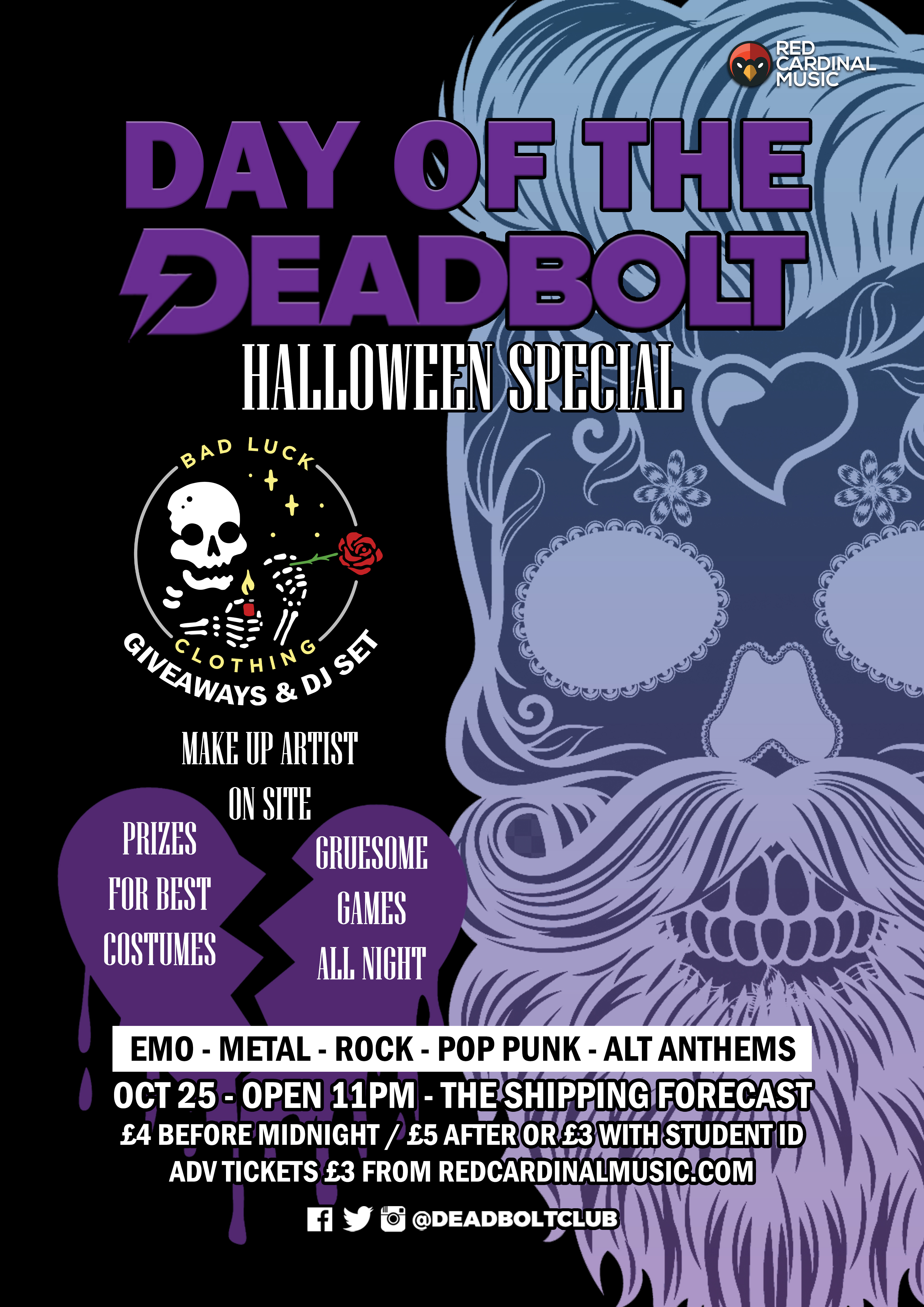 Deadbolt Liverpool Halloween - Day of The Deadbolt - 25 Oct 19 - The Shipping Forecast - Poster - Red Cardinal Music - Alternative