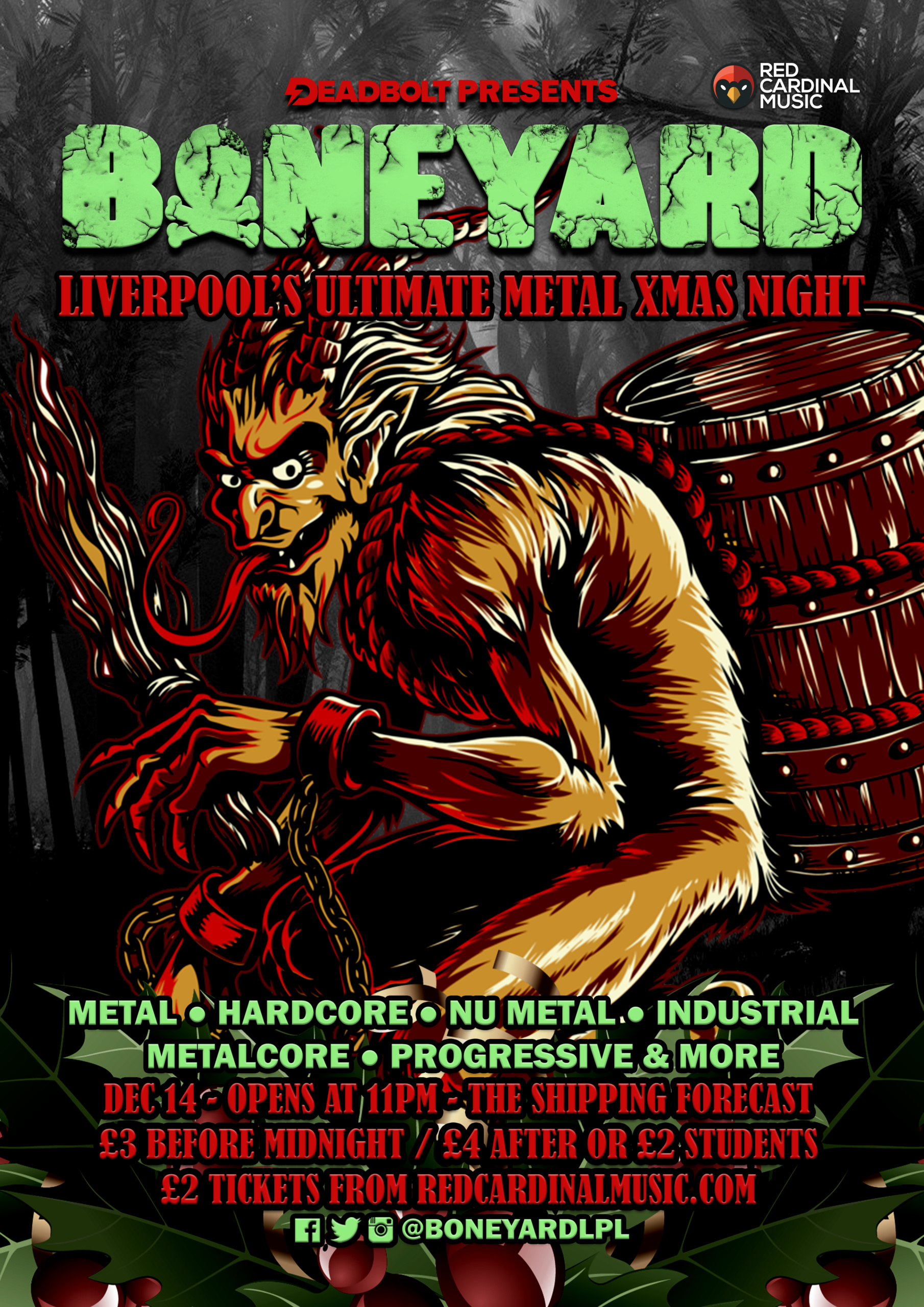 Boneyard Christmas Metal Night - Shipping Forecast Liverpool - Dec 19 - Poster - Red Cardinal Music