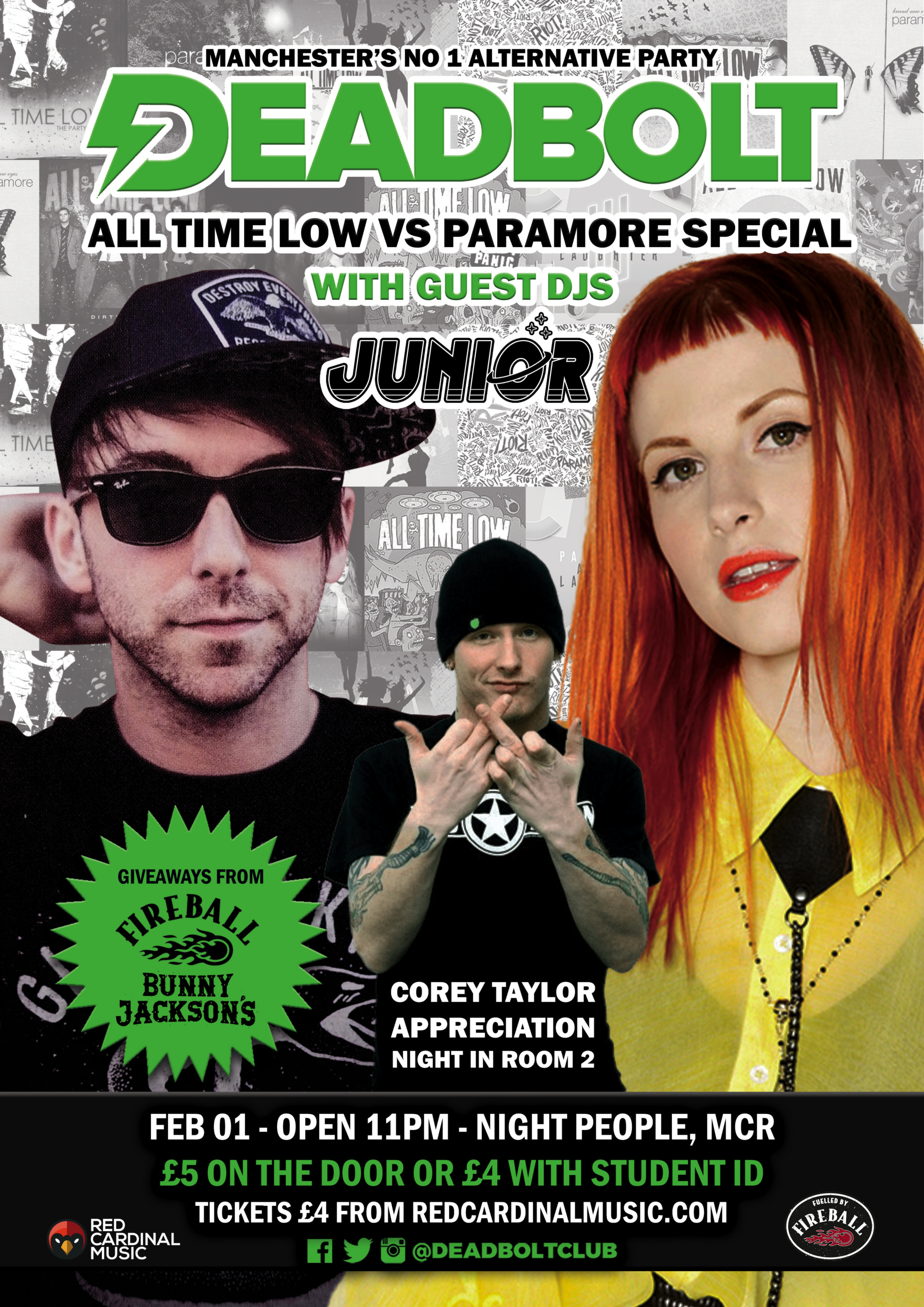 Deadbolt Manchester - All Time Low vs Paramore ft Junior - Feb 20 - Poster - Red Cardinal Music