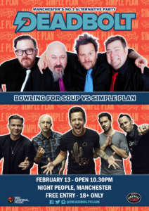 Deadbolt Manchester - Bowling For Soup vs Simple Plan - Feb 20 - Poster - Red Cardinal Music